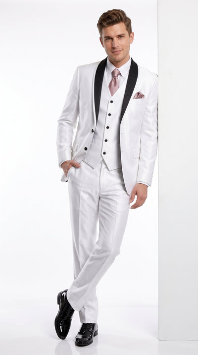 White Wedding Suit for Men – 3 Piece Sharkskin Tuxedo Suit with Vest, 2 Button Groom Prom Suit