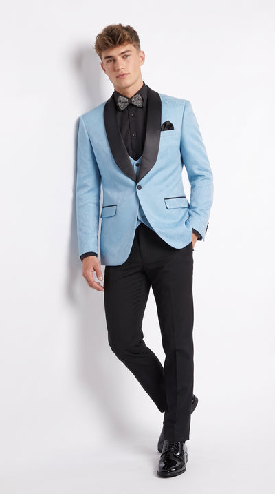 Men’s Light Blue Paisley Tuxedo Suit, Slim Fit 3 Piece Vested Prom & Wedding Tuxedo with Black Shawl Lapel