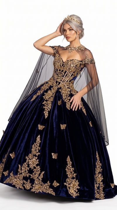 Navy Blue and Gold Quinceanera Dress GL3471, Velvet Cape Ball Gown Formal Sweet 15 Dress