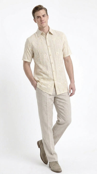 Men’s Cream Abstract Stripe Walking Suit Set, 2 Piece Short Sleeve Casual Shirt and Pants Outfit
