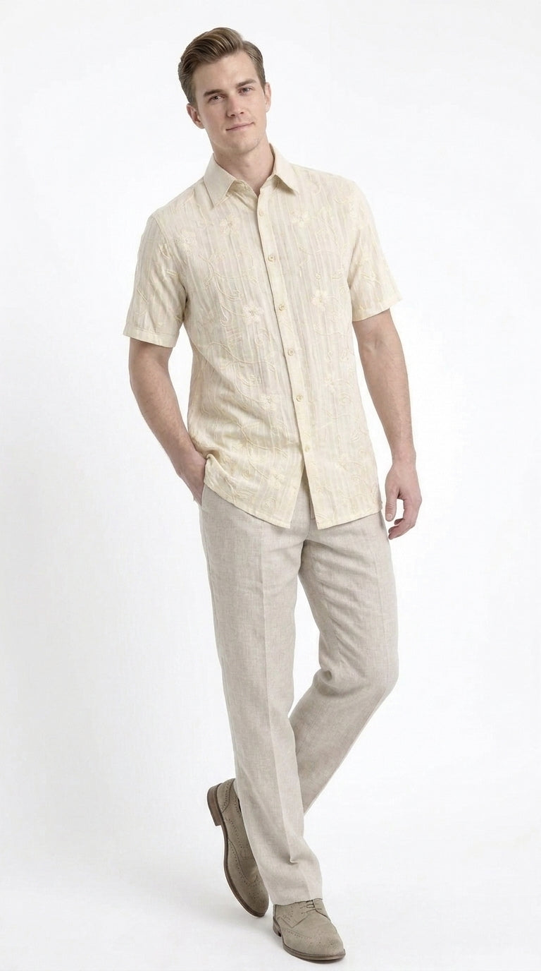 Men’s Cream Abstract Stripe Walking Suit Set, 2 Piece Short Sleeve Casual Shirt and Pants Outfit – SuitUSA
