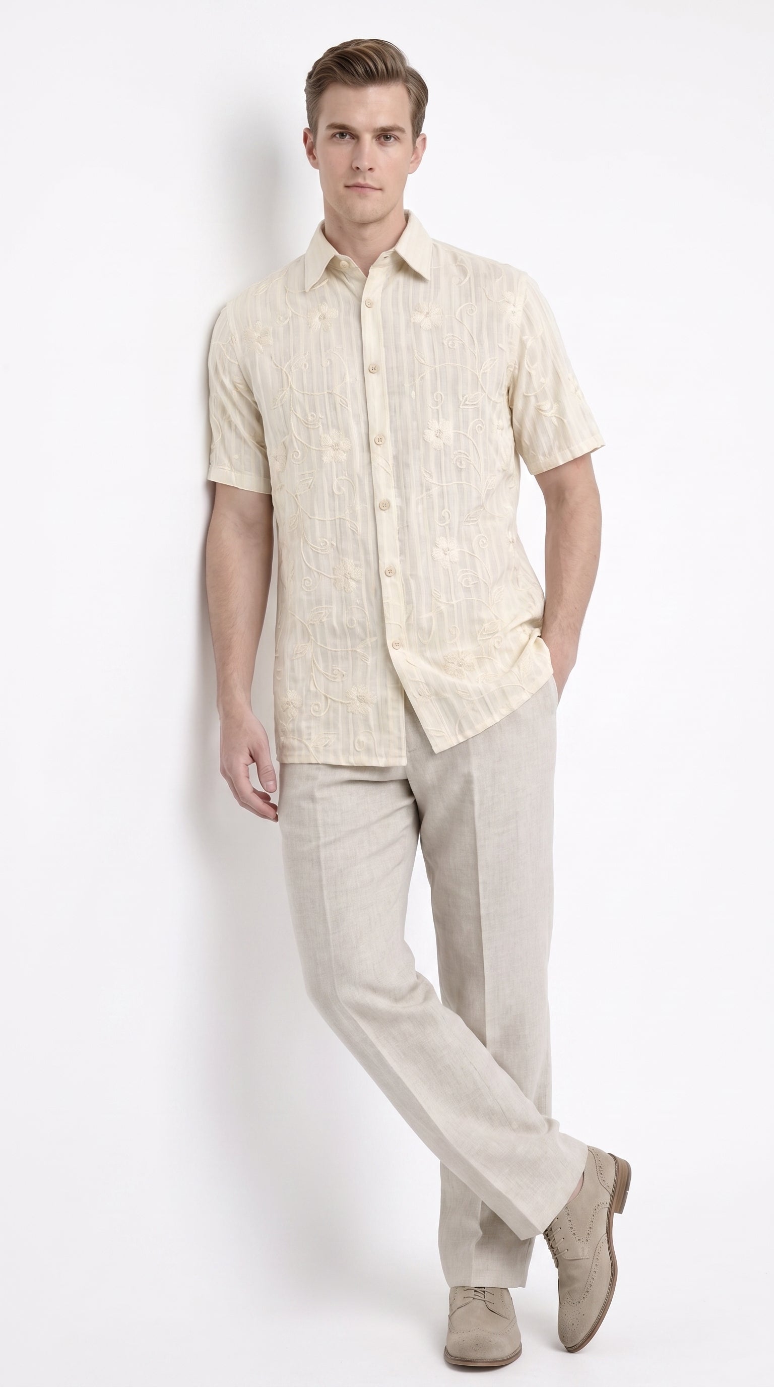 Men’s Cream Abstract Stripe Walking Suit Set, 2 Piece Short Sleeve Casual Shirt and Pants Outfit