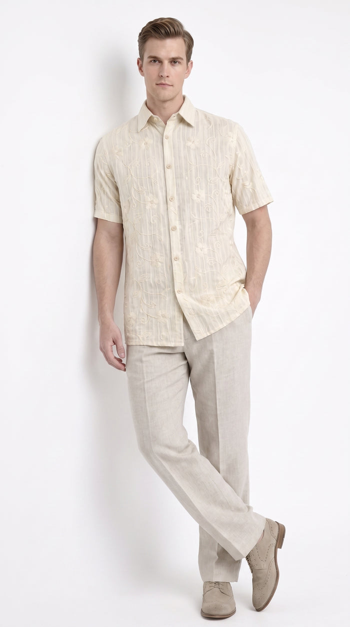 Men’s Cream Abstract Stripe Walking Suit Set, 2 Piece Short Sleeve Casual Shirt and Pants Outfit