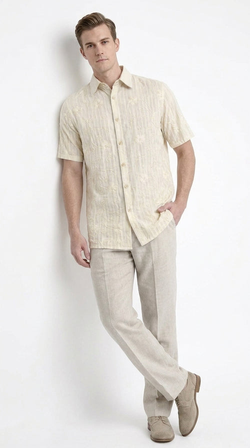 Men’s Cream Abstract Stripe Walking Suit Set, 2 Piece Short Sleeve Casual Shirt and Pants Outfit