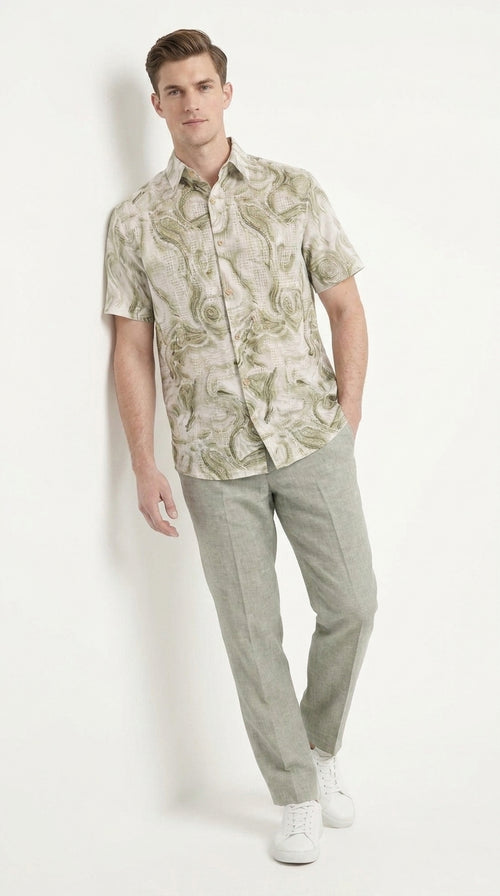 Men’s Sage Green Abstract Print Walking Suit Set, 2 Piece Short Sleeve Casual Shirt and Pants Outfit