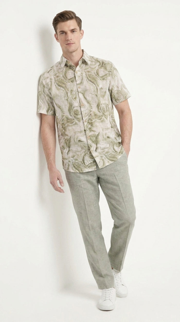 Men’s Sage Green Abstract Print Walking Suit Set, 2 Piece Short Sleeve Casual Shirt and Pants Outfit
