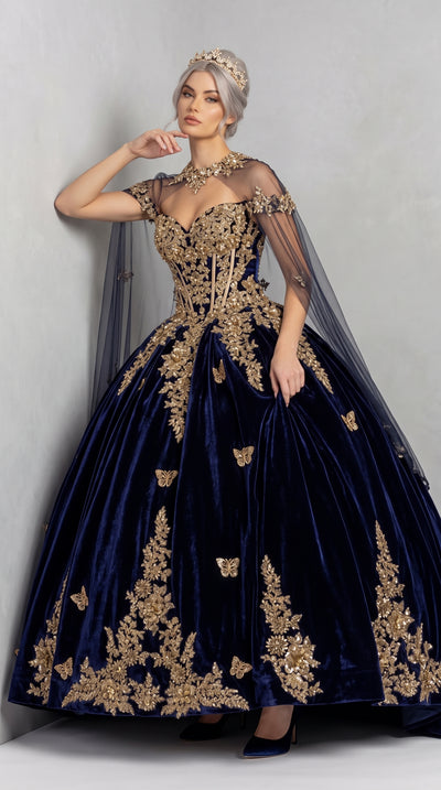 Navy Blue and Gold Quinceanera Dress GL3471, Velvet Cape Ball Gown Formal Sweet 15 Dress
