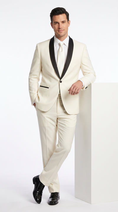 Men’s Ivory Cream Off White Prom Tuxedo Suit, Wedding Shawl Collar Formal Suit