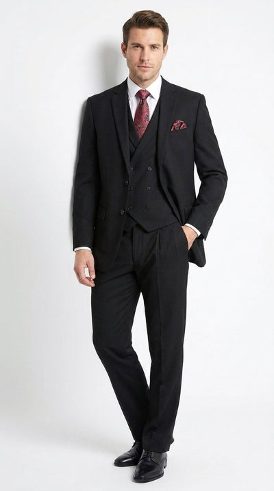 Men’s Black 2 Button Suit with Double Breasted Vest, Pleated Pant Formal Wedding Business Suit