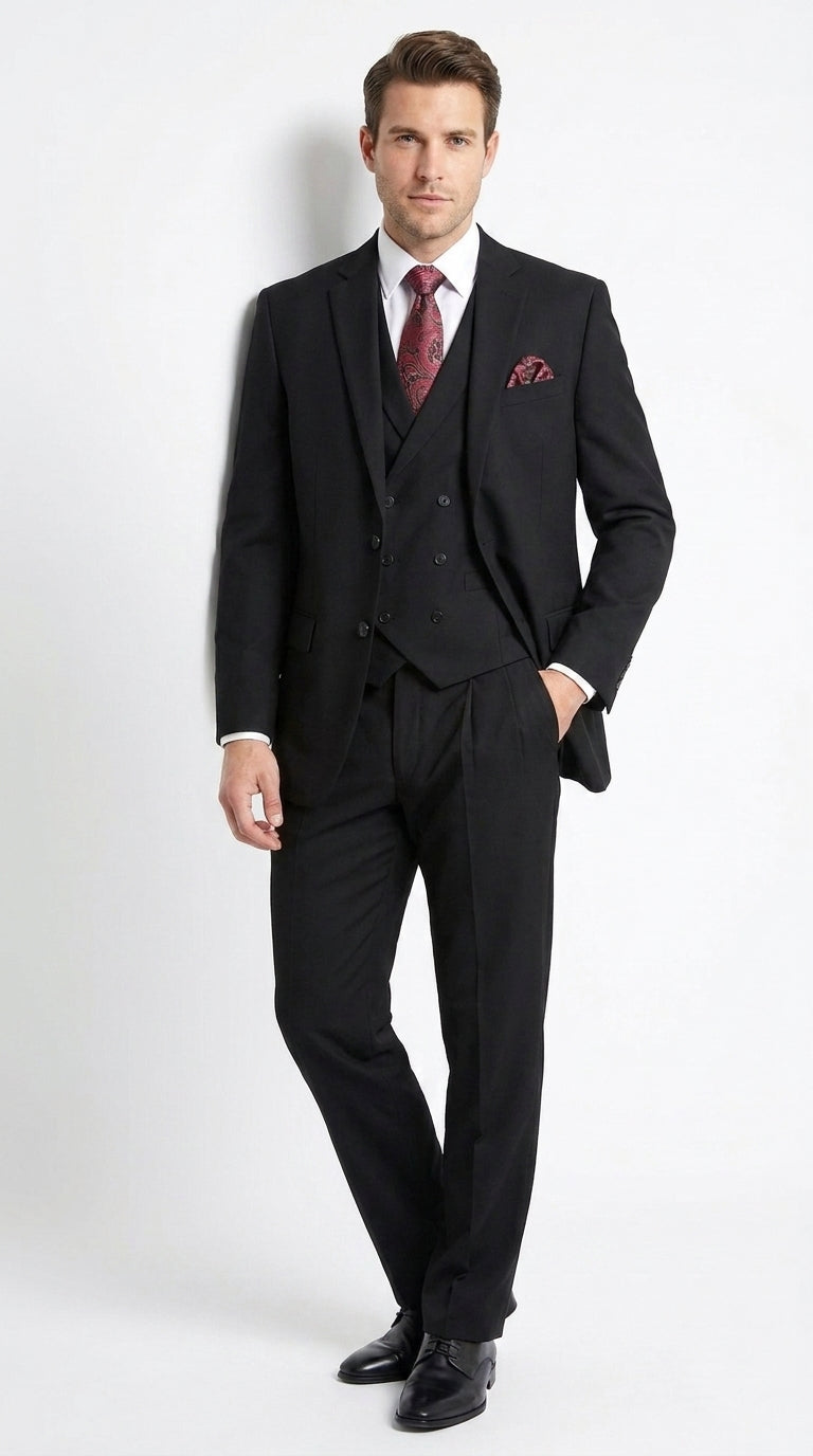 Men’s Black 2 Button Suit with Double Breasted Vest, Pleated Pant Formal Wedding Business Suit