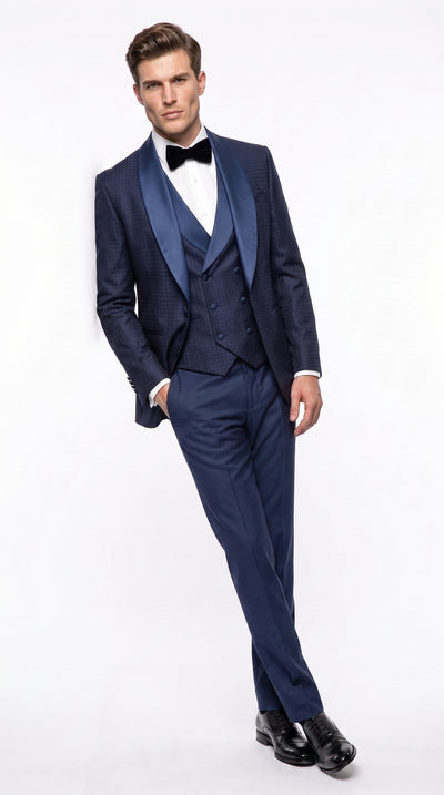 Men’s Navy Pinstripe Great Gatsby Tuxedo Suit, Shawl Collar Sateen Lapel Formal Wedding Prom Suit