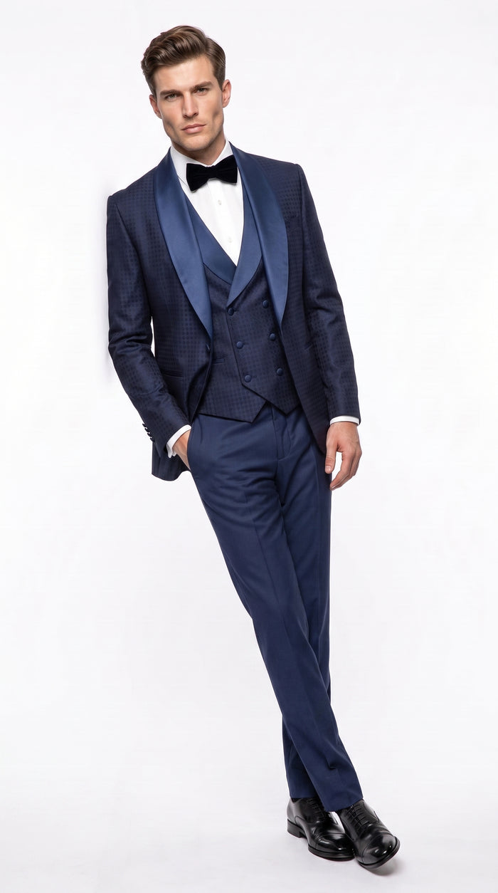 Men’s Navy Pinstripe Great Gatsby Tuxedo Suit, Shawl Collar Sateen Lapel Formal Wedding Prom Suit