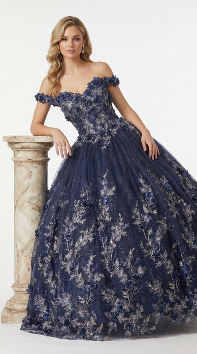 Navy Blue Quinceanera Dress by Juliet, Floral Ball Gown Formal Sweet 15 Dress