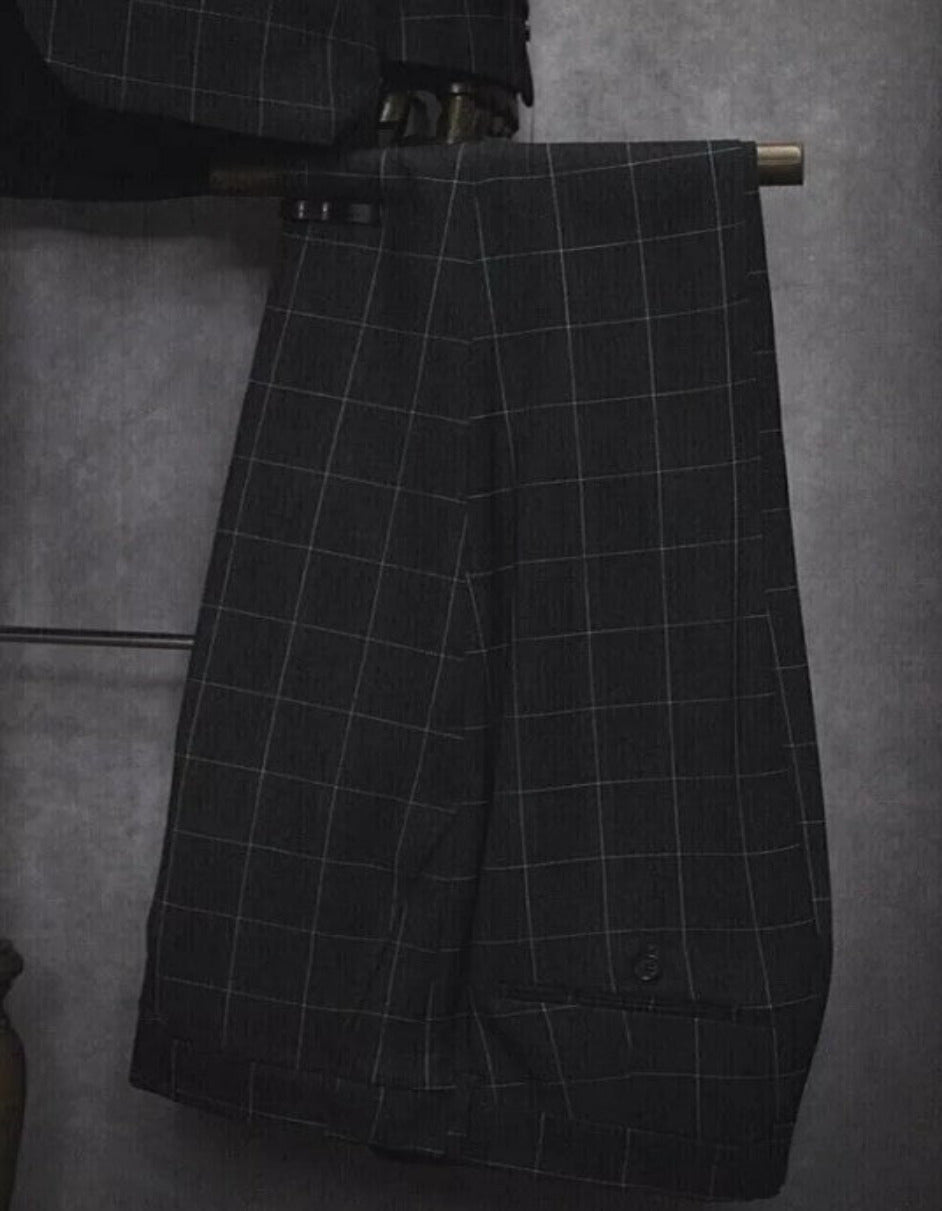 Mens Two Button Peak Lapel Plaid Pattern Suit Charcoal ~ White by USA Men's Outlet