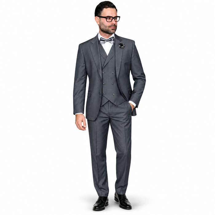 Men’s 3 Piece Classic Fit Suit with Double-Breasted Vest and Pleated Pants - Charcoal