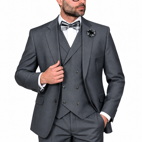 Men’s 3 Piece Classic Fit Suit with Double-Breasted Vest and Pleated Pants - Charcoal