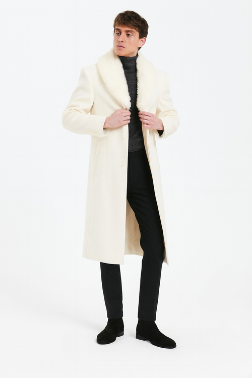 Men’s Ivory - Cream - Off White Full-Length Overcoat with Luxurious Faux Fur Shawl Collar – Winter Dress Coat