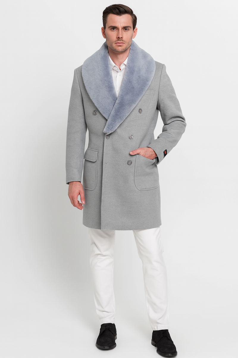 Men’s Light Grey Double Breasted Overcoat with Faux Fur Shawl Collar – Winter Luxury Coat Wool Fabric