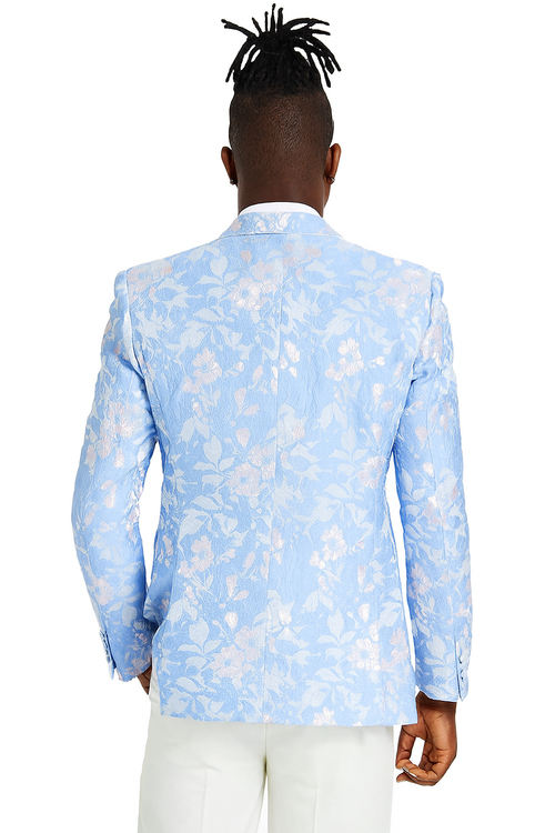 Men's slim fit sky blue & silver paisley foil print tuxedo dinner jacket for prom & wedding USA Men's Outlet