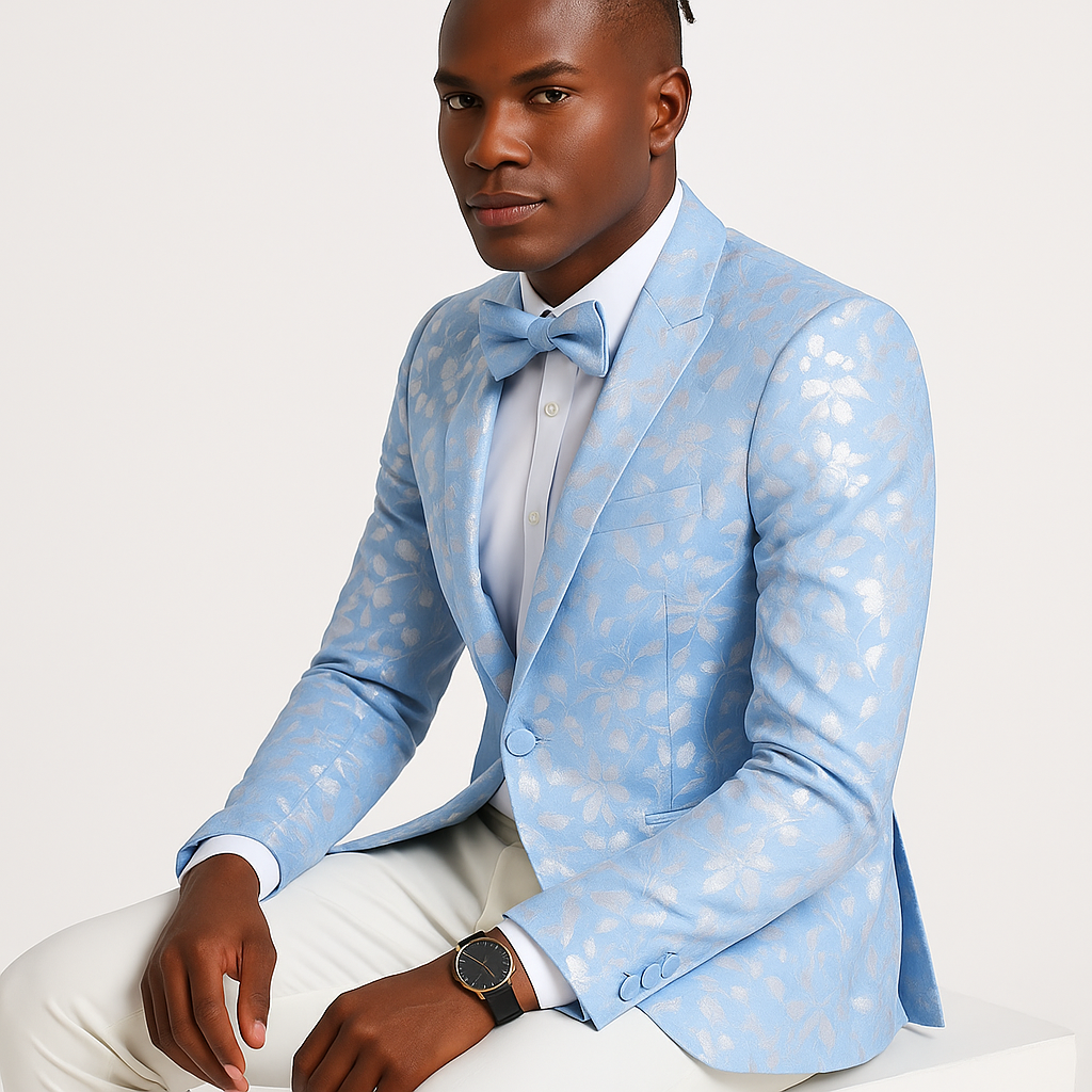 Men's slim fit sky blue & silver paisley foil print tuxedo dinner jacket for prom & wedding USA Men's Outlet