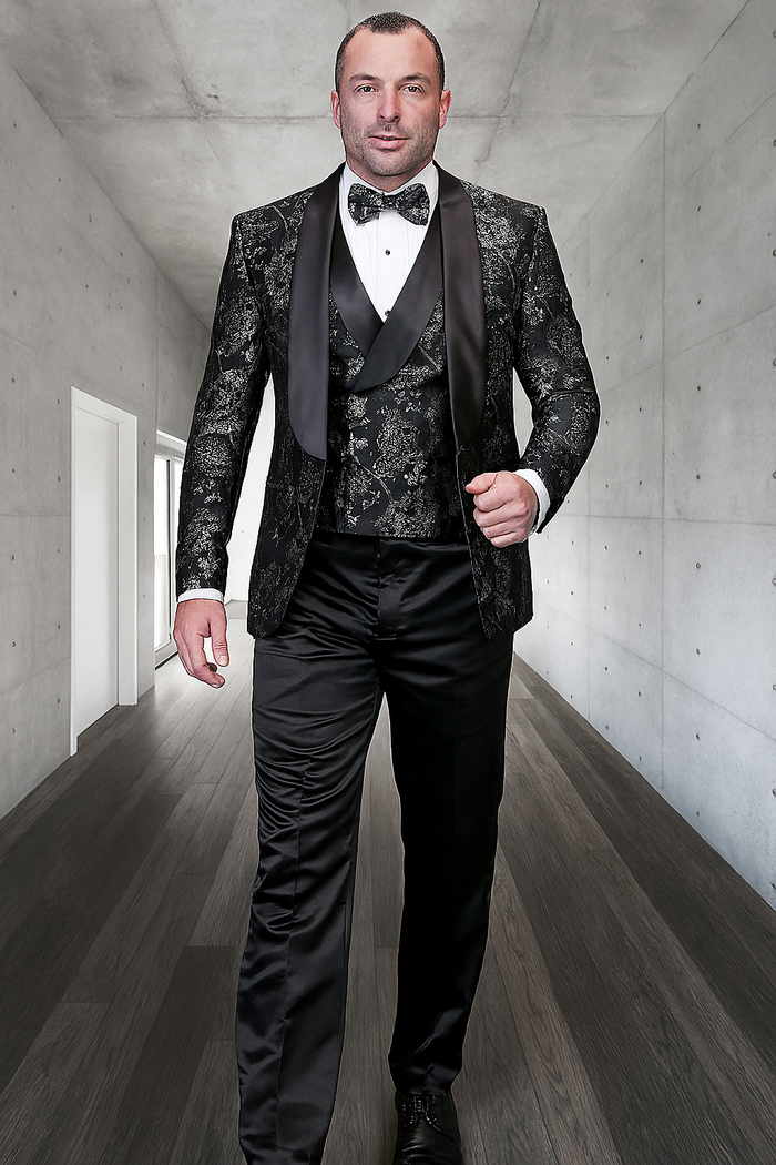 Men's black paisley lace print vested tuxedo for prom & wedding with satin lapel and bowtie by USA Men's Outlet