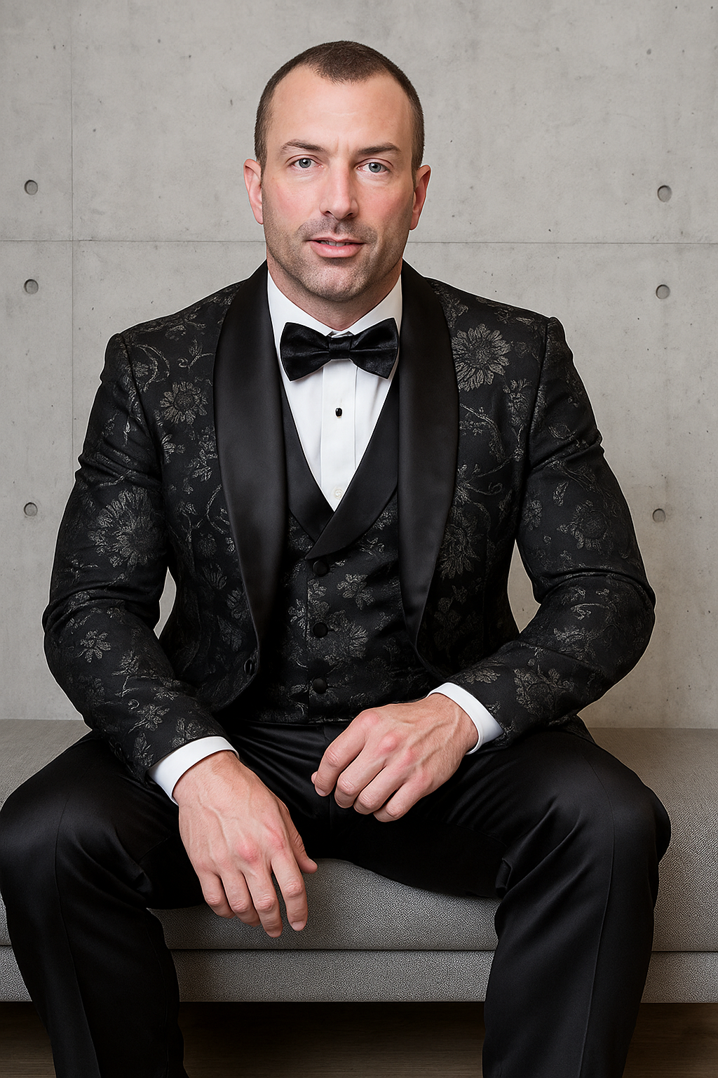 Men's black paisley lace print vested tuxedo for prom & wedding with satin lapel and bowtie by USA Men's Outlet