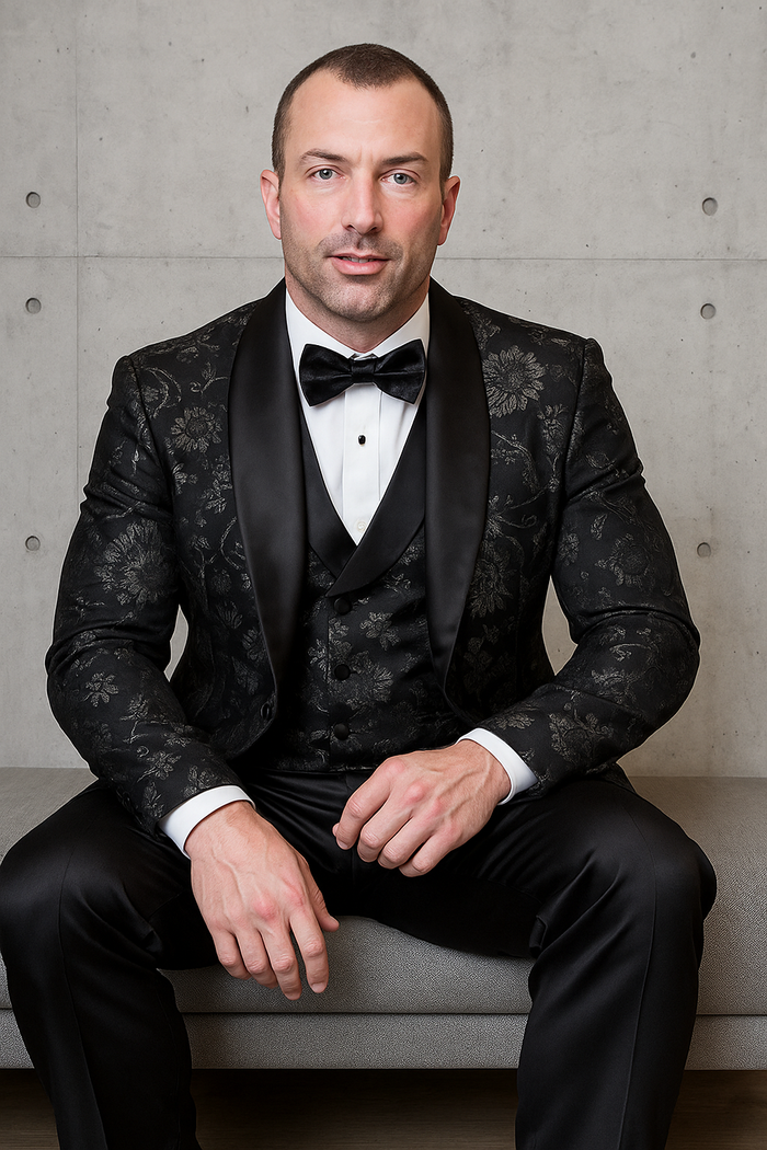 Men's black paisley lace print vested tuxedo for prom & wedding with satin lapel and bowtie by USA Men's Outlet