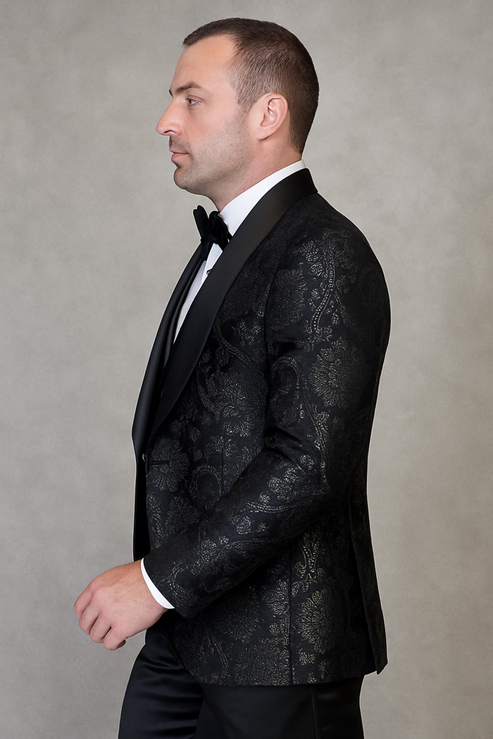 Men's black paisley lace print vested tuxedo for prom & wedding with satin lapel and bowtie by USA Men's Outlet