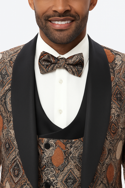 Men's Rust Geometric Pattern Tuxedo with Vest & Bowtie – One Button Formal Suit
