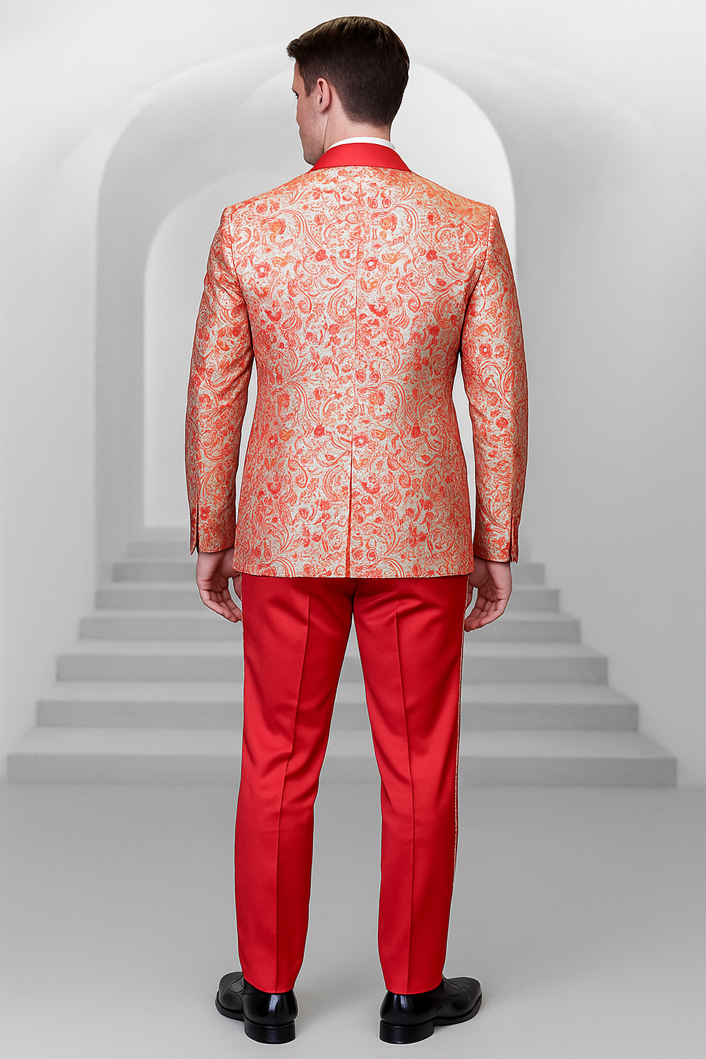 Coral Orange Men's Shiny Paisley Wedding Tuxedo with Double Breasted Vest & Satin Pants