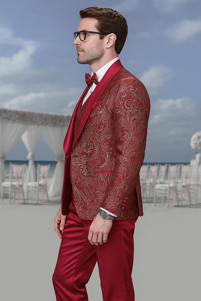 Men’s Red Paisley Brocade Prom Tuxedo with Vested Double Breasted Suit - Wedding Ready by USA Men's Outlet