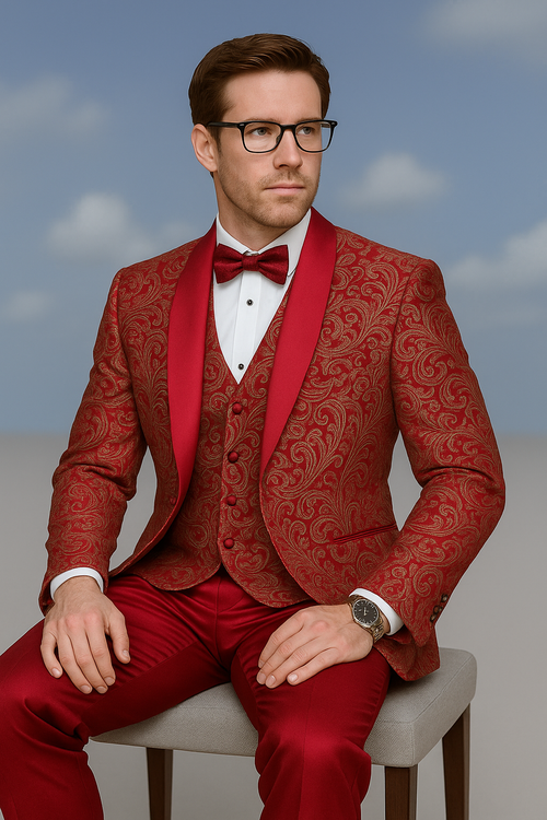 Men’s Red Paisley Brocade Prom Tuxedo with Vested Double Breasted Suit - Wedding Ready by USA Men's Outlet