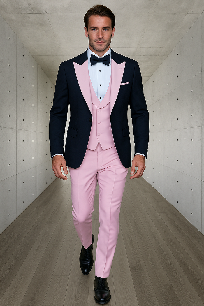 Men’s Black and Pink Wool Tuxedo - Designer Vested Tuxedo with Contrast Satin Peak Lapel for Wedding & Prom by USA Men's Outlet