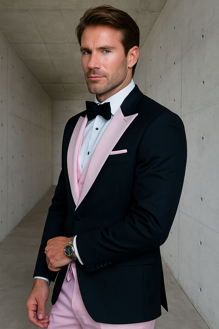 Men’s Black and Pink Wool Tuxedo - Designer Vested Tuxedo with Contrast Satin Peak Lapel for Wedding & Prom by USA Men's Outlet