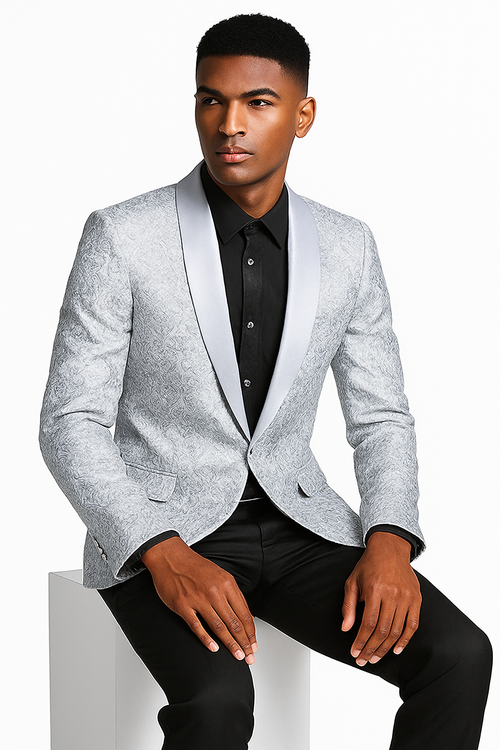 Men’s Silver Grey Tonal Paisley Tuxedo Jacket - Slim Fit Wedding & Prom Blazer by USA Men's Outlet