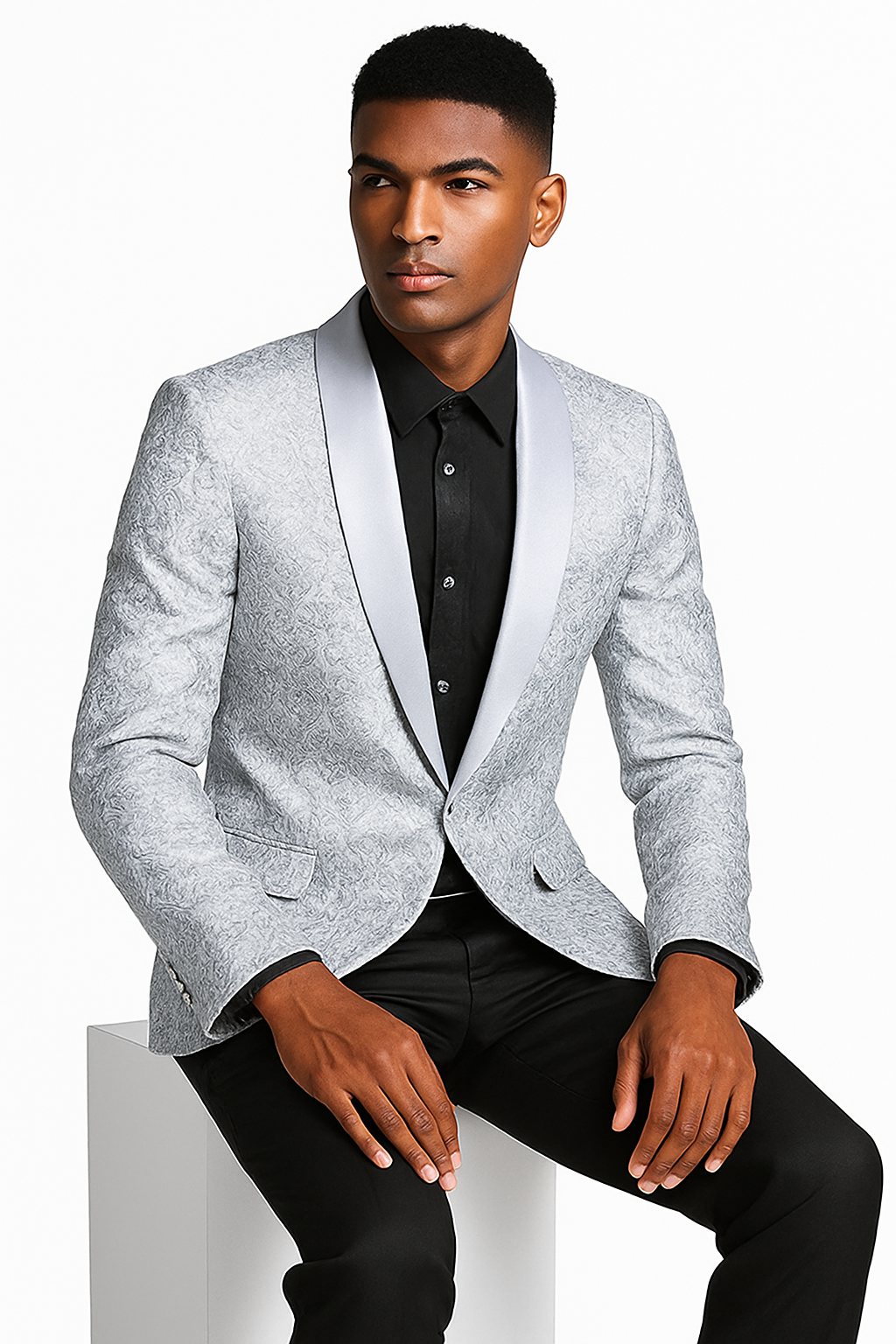 Men’s Silver Grey Tonal Paisley Tuxedo Jacket - Slim Fit Wedding & Prom Blazer by USA Men's Outlet