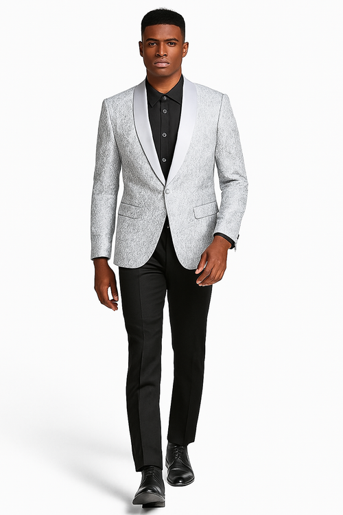 Men’s Silver Grey Tonal Paisley Tuxedo Jacket - Slim Fit Wedding & Prom Blazer by USA Men's Outlet