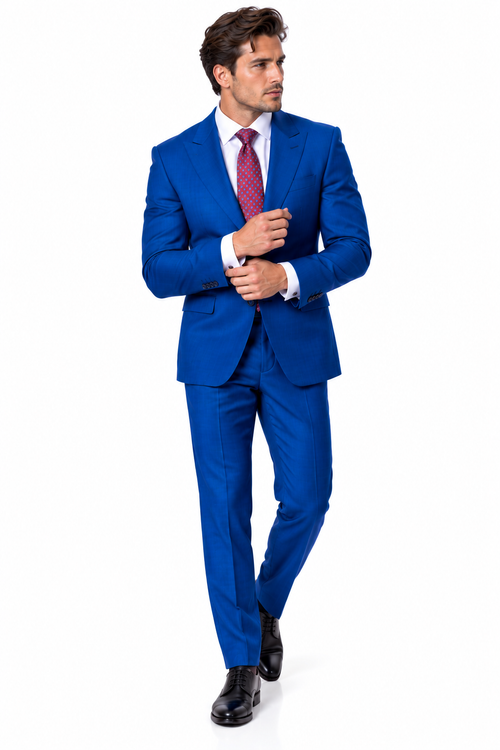 Statement Men's Modern Fit 2 Piece 100% Super 200 Wool Suit Peak Lapel in Indigo - image 4