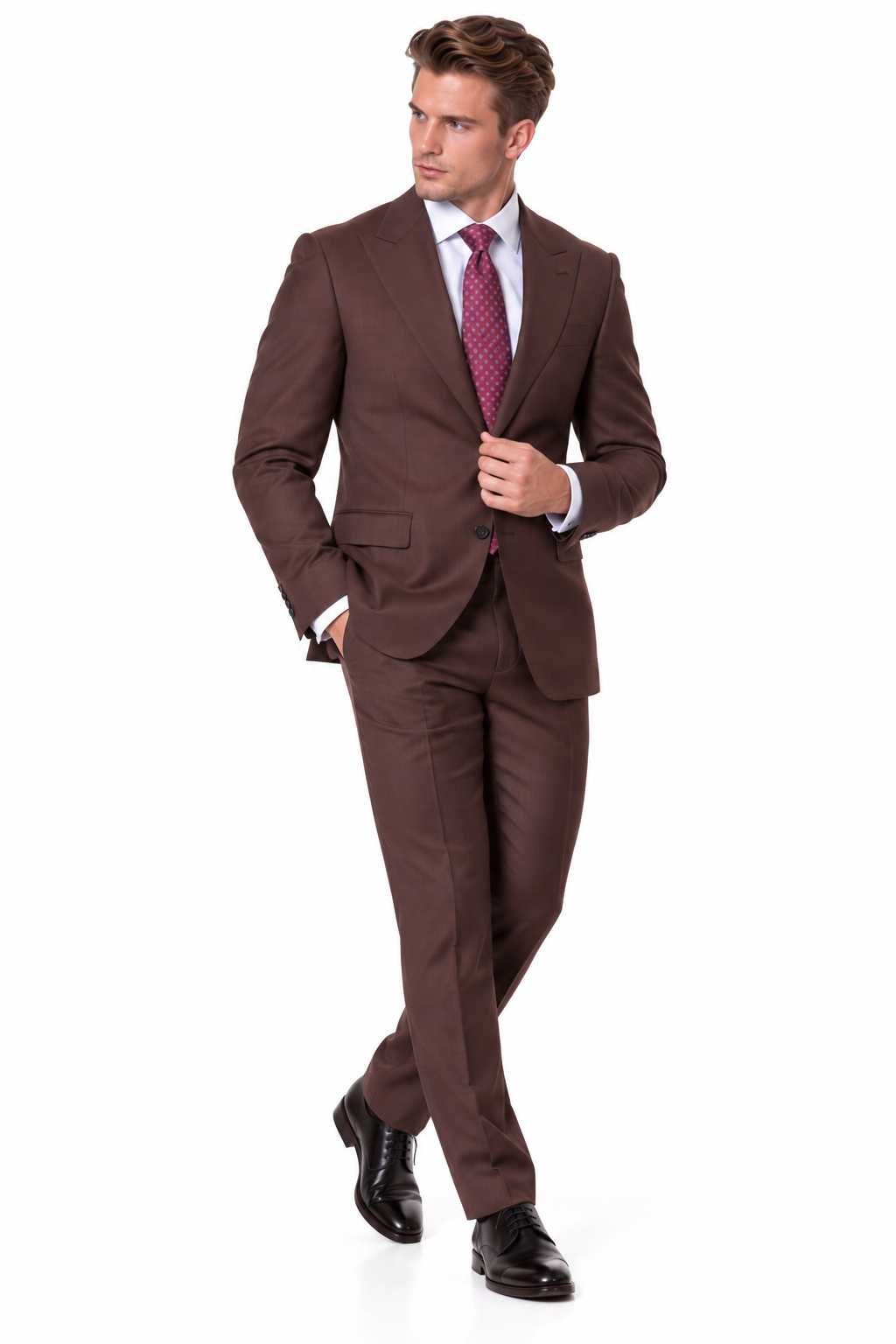 Statement Men's Modern Fit 2 Piece 100% Super 200 Wool Suit Peak Lapel in Brown - image 3