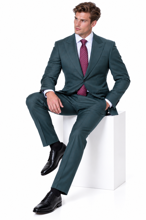 Statement Men's Modern Fit 2 Piece 100% Super 200 Wool Suit Peak Lapel in Olive - image 6