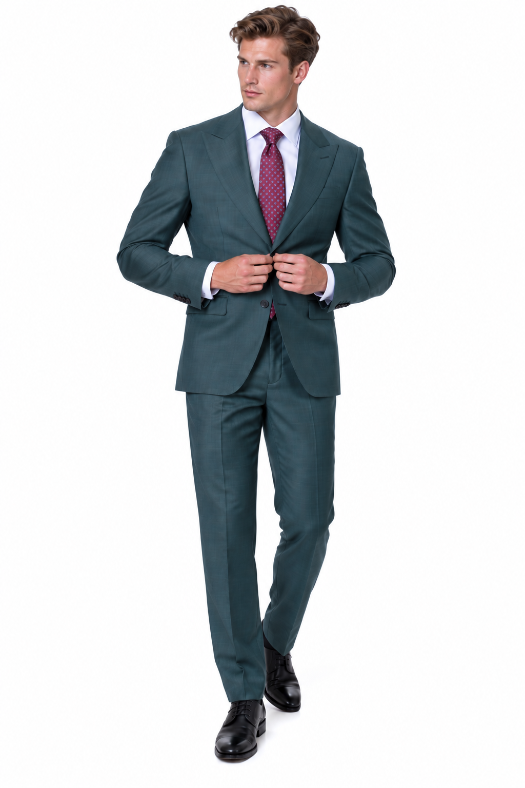 Statement Men's Modern Fit 2 Piece 100% Super 200 Wool Suit Peak Lapel in Olive - image 4