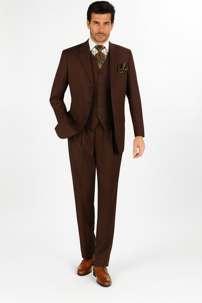Mens Classic Fit 3 Button Vested Single Pleated Pant Suit in Chocolate Brown