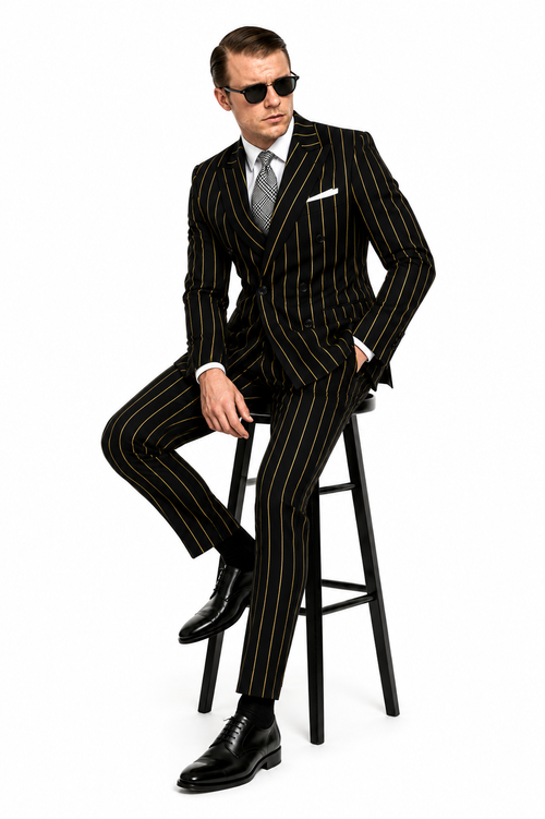 Black And Gold Stripe Suit - Vested Pinstripe Suit