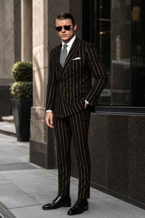 Black And Gold Stripe Suit - Vested Pinstripe Suit