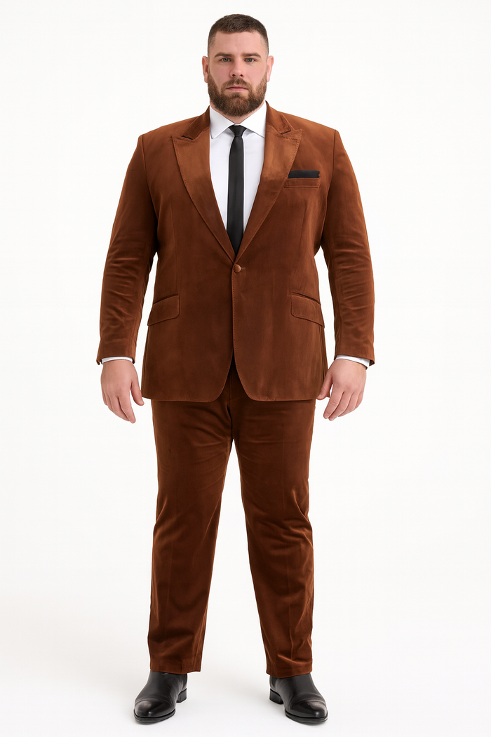 Mens Brown Velvet 2-Piece Suit - Luxury Slim Fit Formal Blazer and Pants Set in Rust Copper Color by USA Men's Outlet