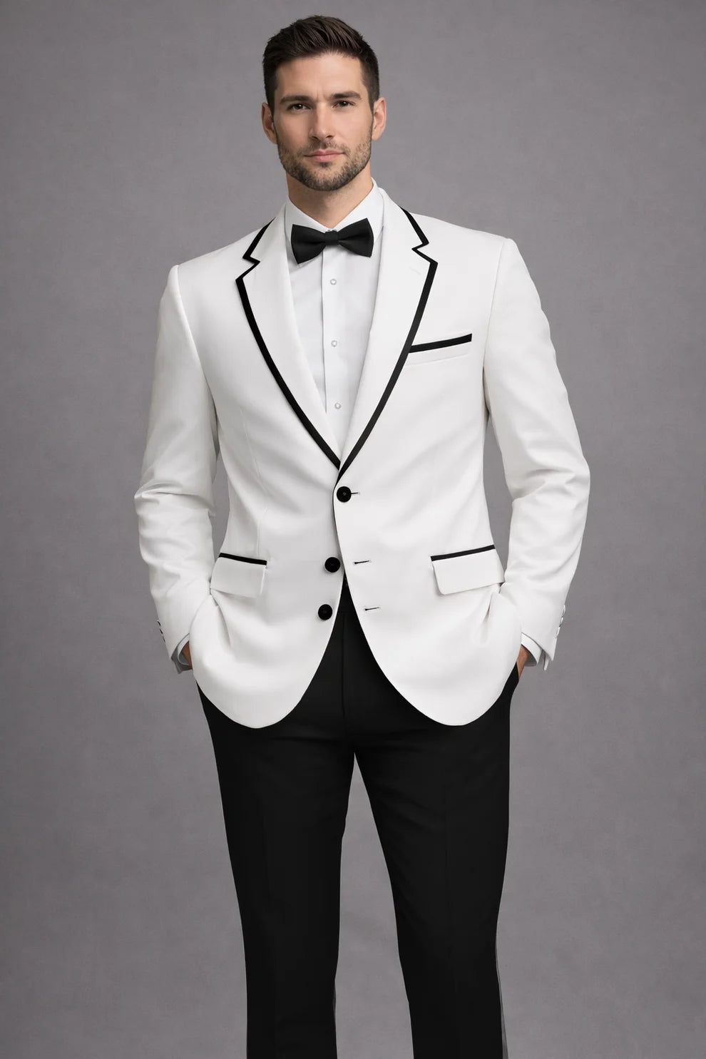Mens White Tuxedo with Black Frame Lapel - Includes Pants