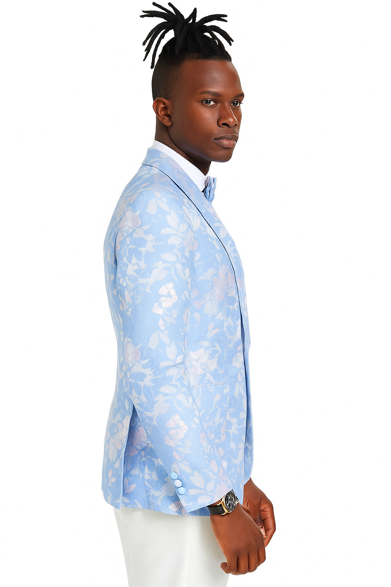 Men's slim fit sky blue & silver paisley foil print tuxedo dinner jacket for prom & wedding