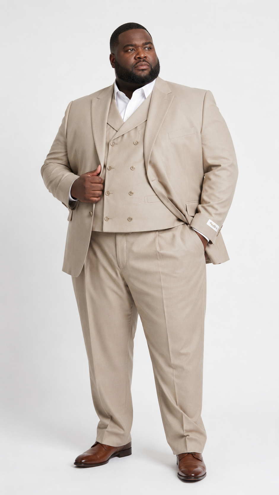 Tiglio Rosso Men’s Tan 3-Piece Italian Wool Suit – Classic Fit Peak Lapel Suit with Double-Breasted Vest and Pleated Wide-Leg Pants