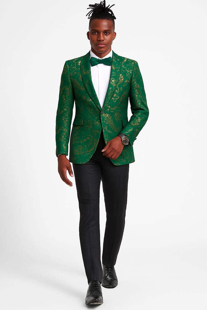 Tailors Tazio Tailors Men's Slim Fit Paisley Foiled Blazer - Hunter Green & Gold for Prom & Weddings