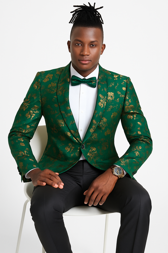 Tailors Tazio Tailors Men's Slim Fit Paisley Foiled Blazer - Hunter Green & Gold for Prom & Weddings